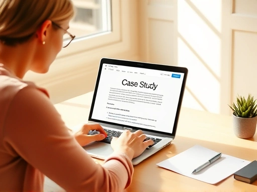 깔끔한 작업 공간에 앉아 노트북으로 블로그 글을 작성하는 콘텐츠 마케터의 모습