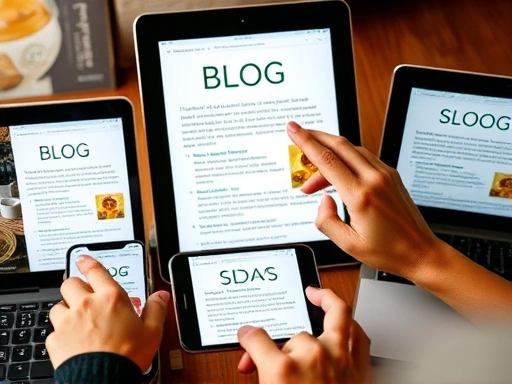 스마트폰, 태블릿, 노트북 등 다양한 기기 화면에 블로그 콘텐츠가 완벽하게 반응형으로 구현되어 있는 모습