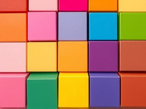 다양한 색조의 블록들이 조화롭게 배열된 색상 팔레트와 함께, 각 색상이 상징하는 심리적 의미를 나타내는 작은 아이콘들이 클로즈업되어 있습니다.