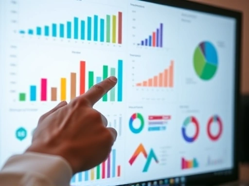 설문조사 데이터가 막대 그래프와 파이 차트로 시각화되어 있는 모니터 클로즈업.