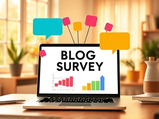 다채로운 색상의 말풍선과 그래프가 겹쳐진 블로그 설문조사 인터페이스가 활짝 열린 노트북 화면 위에 떠오르는 모습