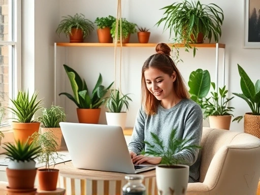 다양한 식물과 화분으로 장식된 아늑하고 밝은 작업 공간에서 노트북으로 작업하는 여성의 모습