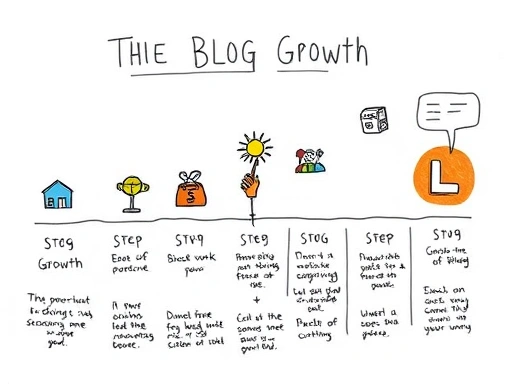 손으로 그린듯한 스타일로 블로그 성장 단계를 나타내는 인포그래픽, 각 단계는 뚜렷한 아이콘과 색상으로 표시되어 있으며, 텍스트와 이미지