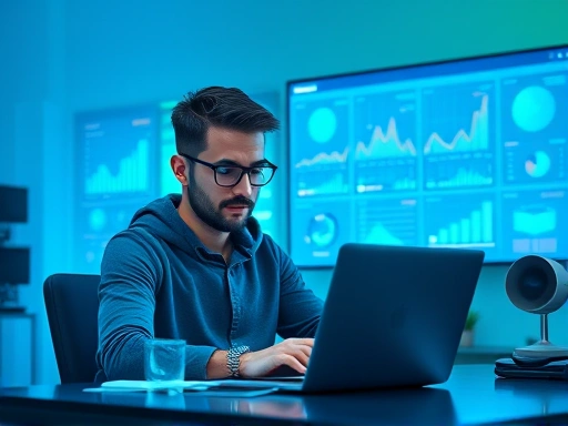 다양한 데이터 시각화 차트와 그래프가 디지털 스크린에 표시된 사무실 책상에 앉아 있는 진지한 표정의 블로거가 노트북을 응시하고 있다.
