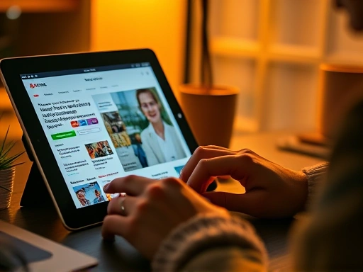 다양한 최신 뉴스와 정보가 가득한 태블릿 화면이 블로그 글 작성 도구와 함께 놓여 있는 이미지