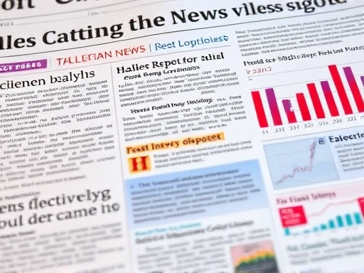 여러 개의 뉴스 기사 헤드라인이 펼쳐진 신문이나 웹 페이지가 블로그 글 작성 프로그램 화면과 겹쳐 보이는 클로즈업 이미지