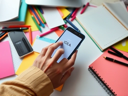 다양한 색깔의 메모지, 펜, 스마트폰, 그리고 작은 수첩이 어지럽지만 체계적으로 놓여있는 책상 위 클로즈업.