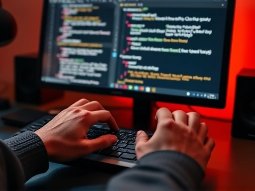 컴퓨터 모니터 앞에 앉아 진지하게 블로그 속도 최적화 작업을 하는 사람의 손이 클로즈업되어 있다.