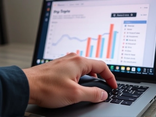 클로즈업 샷으로 노트북 키보드 위에 놓인 손이 마우스를 조작하고 있다.