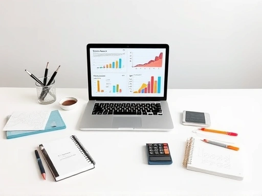 넓고 깨끗한 책상 위에 열린 노트북이 놓여 있고, 노트북 화면에는 다양한 그래프와 통계 데이터가 시각화되어 있다.