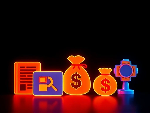 어두운 배경 위로 다양한 블로그 수익 모델을 상징하는 아이콘들(전자책, 광고, 돈 주머니, 서비스 아이콘)이 겹겹이 쌓여 빛나는 모습