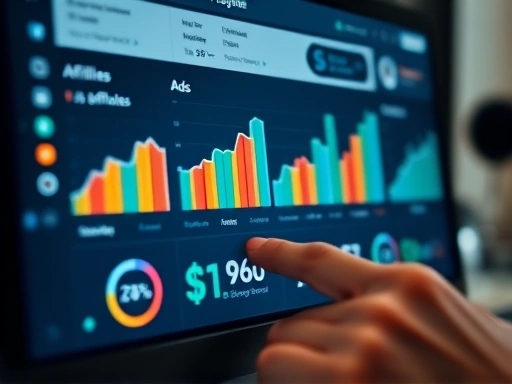 블로그 대시보드 화면이 클로즈업되어 있으며, 다양한 수익 지표(광고, 제휴, 판매)가 그래프 형태로 표시.