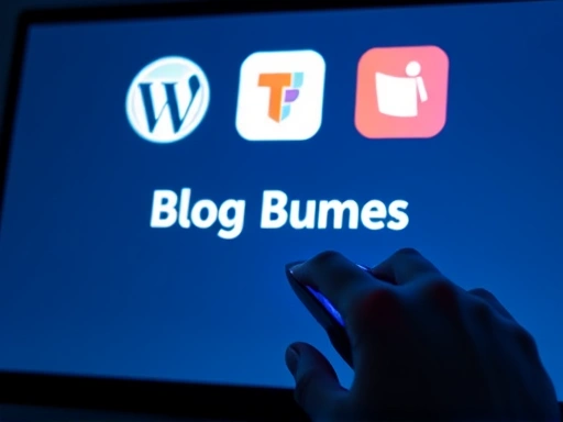 다양한 블로그 플랫폼(워드프레스, 네이버, 티스토리) 아이콘이 슬라이드 위에 떠 있고, 손이 마우스로 슬라이드를 클릭하여 넘기는 클로즈업 샷.