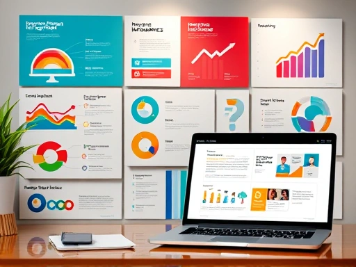 다채로운 색상의 인포그래픽 슬라이드들이 배열되어 있고, 노트북 화면에 블로그 글과 함께 삽입된 슬라이드가 시각적으로 명확하게 보이는 장면