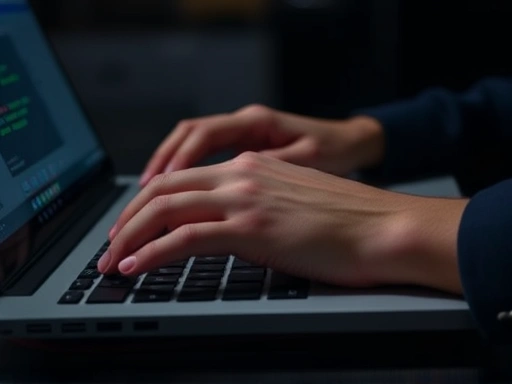 두 개의 손이 랩탑 키보드 위에서 분주하게 움직이는 클로즈업 사진.