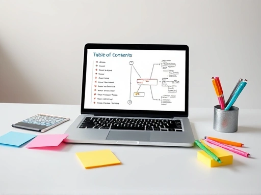 넓은 책상 위에 놓인 노트북 화면에서 블로그 글 목차와 마인드맵이 시각적으로 펼쳐져 있다.