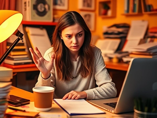 어수선한 책상 위에서 블로그 콘텐츠 기획에 몰두하고 있는 젊은 블로거의 모습