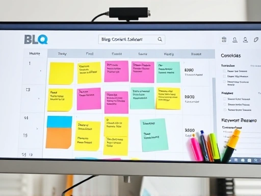 정돈된 모니터 화면에 블로그 콘텐츠 캘린더와 키워드 리서치 도구가 펼쳐져 있는 클로즈업 샷.