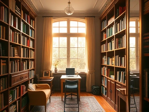 깔끔하게 정돈된 책꽂이와 책들이 보이는 서재의 전경.