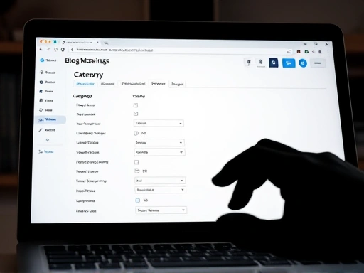 노트북 화면에 블로그 관리자 페이지가 열려 있고, 카테고리 및 태그 설정 메뉴가 클로즈업된 모습