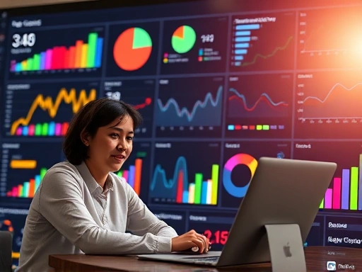 다채로운 데이터 그래프와 차트가 펼쳐진 디지털 대시보드를 배경으로, 블로그 콘텐츠를 분석하는 듯한 블로거의 모습