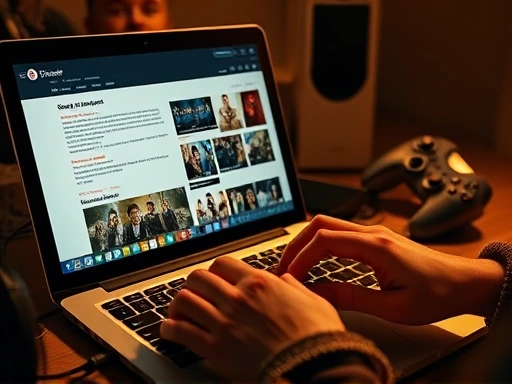 블로그 포스트가 열린 노트북 화면을 배경으로, 손가락이 키보드 위에서 타이핑하는 클로즈업 이미지