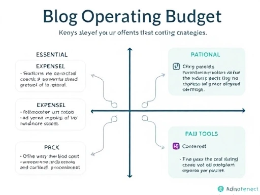 다이어그램은 블로그 운영 예산의 핵심 요소를 강조하며, 필수 및 선택적 비용 범주와 무료 대 유료 도구 간의 재정적 균형을 보여줍니다.