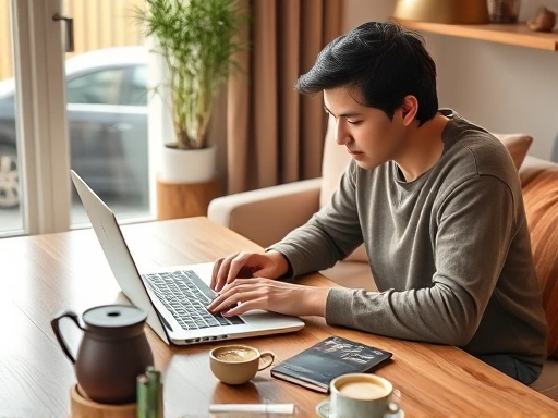 한적한 테이블에 노트북과 커피가 놓여 있고, 여유로운 분위기