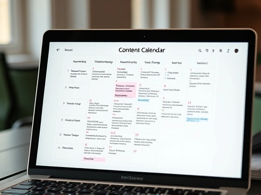콘텐츠 캘린더가 열린 노트북 화면을 클로즈업하여 보여주며, 꼼꼼하게 계획된 블로그 운영 스케줄과 다양한 아이디어를 시각적으로 표현하고, 부드러운 조명과 세련된 디자인으로 계획적인 느낌을 강조했습니다.