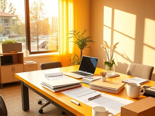 넓은 책상 위에 펼쳐진 다양한 자료와 노트북, 펜, 커피잔 등이 놓여 있는 모습