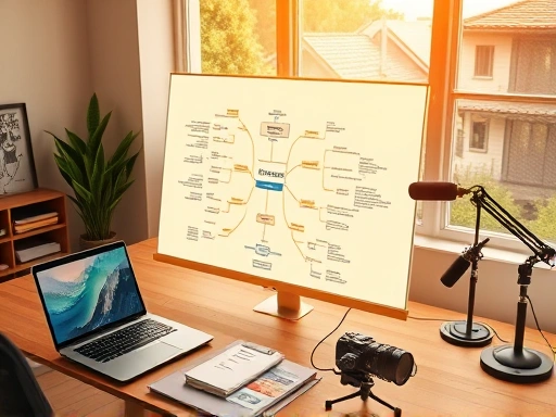 넓은 책상 위에 강의 기획을 위한 마인드맵과 노트북, 마이크, 카메라가 정돈되어 있는 모습