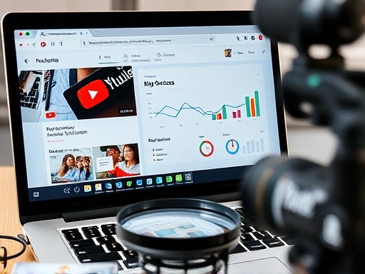 콘텐츠 기획을 위한 분석 도구(예: 돋보기, 그래프)가 놓인 노트북 화면에 유튜브 스튜디오와 블로그 분석 페이지가 열려 있는 모습