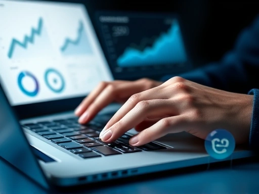 두 손이 노트북 키보드 위에 놓여 있고, 화면에는 그래프와 통계 데이터가 명확하게 보이는 클로즈업 샷.