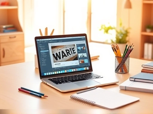 깔끔하고 전문적인 디자인 스튜디오 책상 위에 노트북이 열려 있고, 화면에는 그래픽 편집 소프트웨어의 워터마크 작업 화면이 선명하게 보인다.