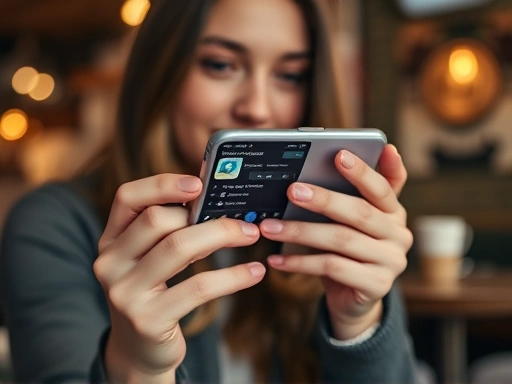 한 젊은 여성이 스마트폰을 들고 집중하여 사진을 편집하는 모습