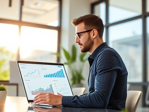 따뜻한 햇살이 비추는 현대적인 사무실에서, 한 마케터가 노트북 화면을 응시하며 블로그 성과 그래프를 분석하는 모습