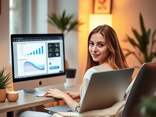 아늑하고 현대적인 블로그 공간에서 컴퓨터 앞에 앉아 있는 블로거의 모습