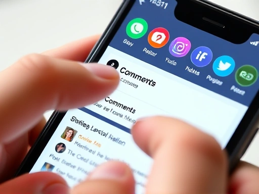 스마트폰 화면에 블로그 댓글창과 소셜 미디어 아이콘이 클로즈업된 이미지