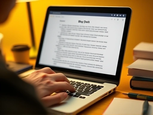 작성자가 노트북 앞에서 집중하며 글을 쓰는 모습