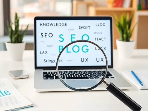 블로그 글쓰기의 전문 용어 사용을 보여주는 깔끔하고 현대적인 작업 공간.