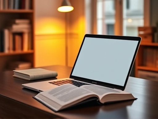 아늑한 서재의 책상 위에서 노트북이 열려 있고, 옆에는 깔끔하게 디자인된 전자책 목업(mockup)이 놓여 있다.