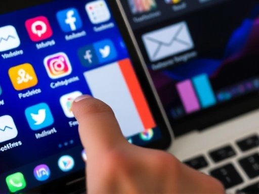 스마트폰, 태블릿, 노트북 화면에 각기 다른 소셜 미디어 아이콘(인스타그램, 페이스북, X)과 이메일 아이콘이 떠 있고, 그 위로 전자책 표지가 작게 오버레이 되어 있다.