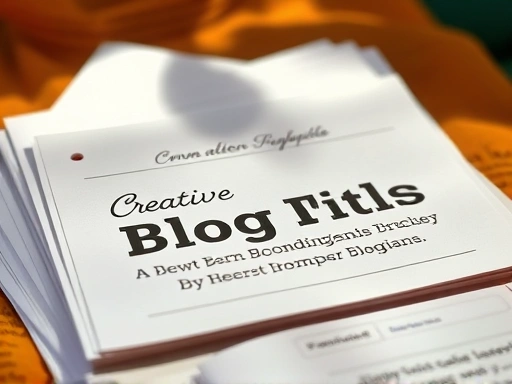 창의적인 블로그 제목이 적힌 종이들이 펼쳐져 있고, 그 중 하나가 밝은 조명 아래 강조되어 독자의 시선을 끄는 모습