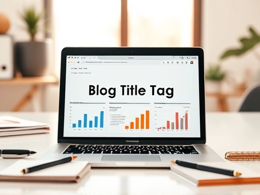 깔끔한 작업 공간에서 노트북 화면에 블로그 제목 태그 최적화 관련 그래프와 데이터가 선명하게 보이는 장면