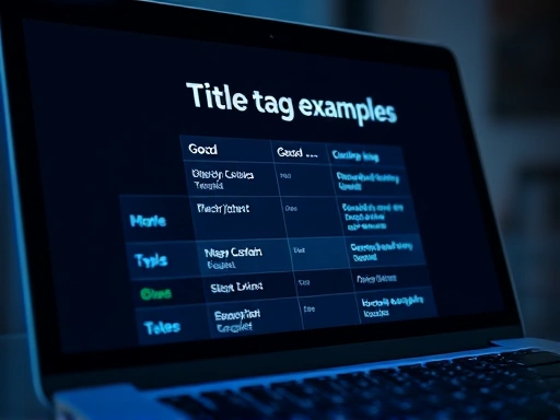 확대된 노트북 화면에서 다양한 제목 태그 예시들이 비교표 형태로 나열되어 있는 클로즈업 샷.