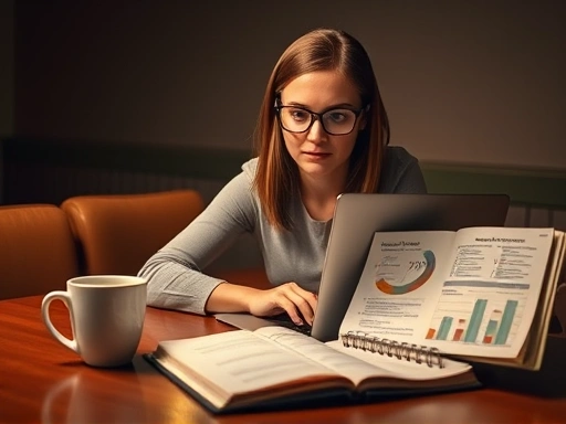 따뜻한 색감의 조명 아래, 노트북 앞에 앉아 제휴 마케팅 자료를 꼼꼼히 검토하는 진지한 모습