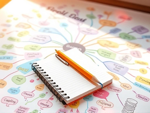 다채로운 생각과 아이디어가 가득한 마인드맵 위에 연필과 노트북이 놓여 있는 장면