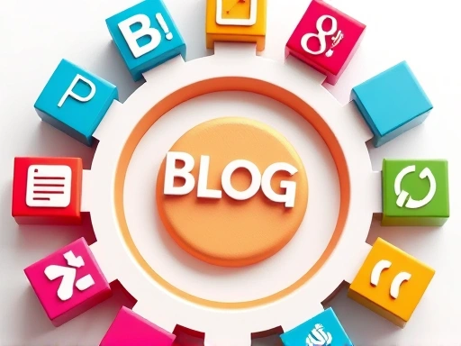 개성 있는 색깔로 칠해진 여러 개의 블로그 아이콘들이 하나의 큰 톱니바퀴를 움직이는 모습