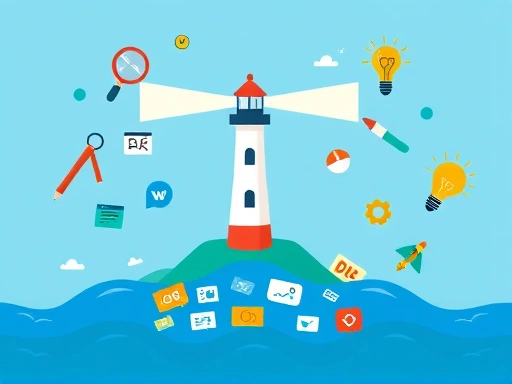 다양한 블로그 아이콘과 지표들이 떠다니는 푸른 바다 위에 홀로 빛나는 등대 하나가 환하게 불을 밝히고 있다.