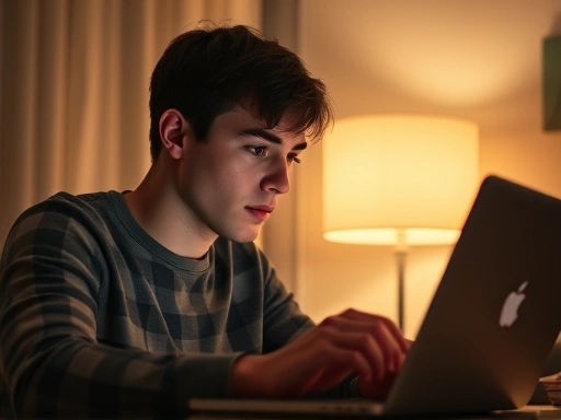 밝은 조명 아래 노트북 앞에서 집중하여 블로그를 읽는 젊은 남성.